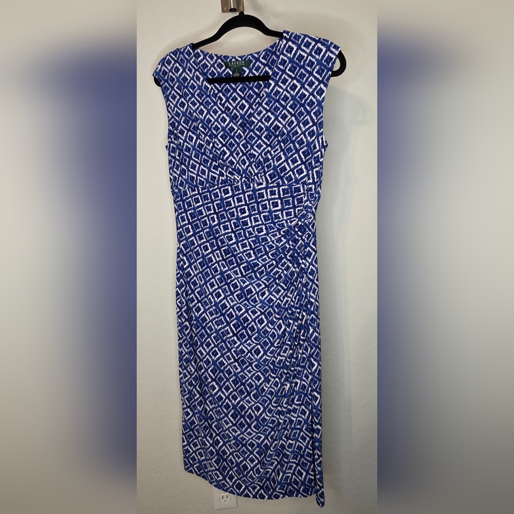 Lauren Ralph Lauren Blue White Geometric Print Ruched Sheath Dress Size 8